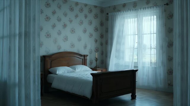 Vintage bedroom manor interior with wooden bed white curtain window soft light romantic calm daylight mood floral wallpaper wooden furniture serene