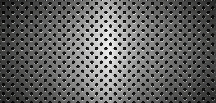 Metal pattern perforated texture with black and white hex background. Wall hole frame with mesh dot board and grey pegboard grate. Comb sheet metal with peg iron perforated and honey net black.
