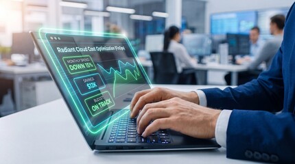 Fototapeta premium Businessperson interacting with holographic finops cloud cost dashboard on laptop