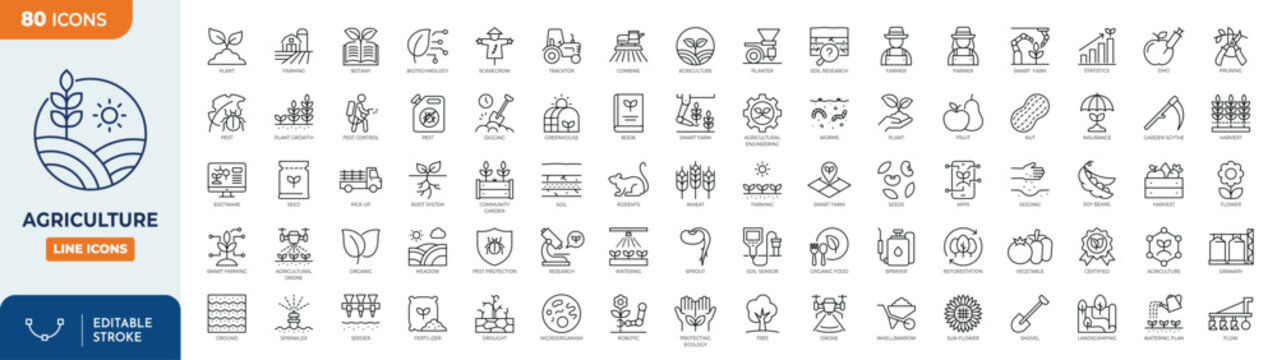 Agriculture icons set. Editable stroke. vector illustration
