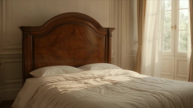 Luxury bedroom interior with wooden bed manor style, warm sunlight through window, white bedding and pillow, beige curtain, classic wall panel design, elegant comfort and serene morning atmosphere