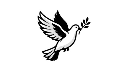 Fototapeta premium A stylized black and white illustration of a dove carrying an olive branch.