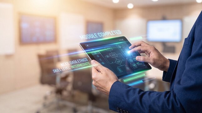 Professional hands hold tablet displaying holographic corporate training data ethics module