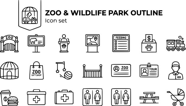 Zoo and Wildlife Park Facility Outline Icon Set with Zoo Entrance, Keeper Talk Podium, Aviary Dome and Feeding Schedule, 20 Icons Editable Strokes