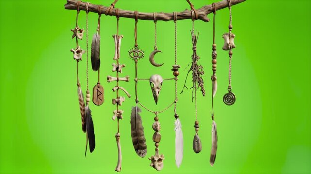 A primitive, hand-crafted shamanic wall hanging resembling a dreamcatcher garland, featuring a central bird skull, crescent moons, runic bone disks, and hanging feathers, isolated on a green chroma ke
