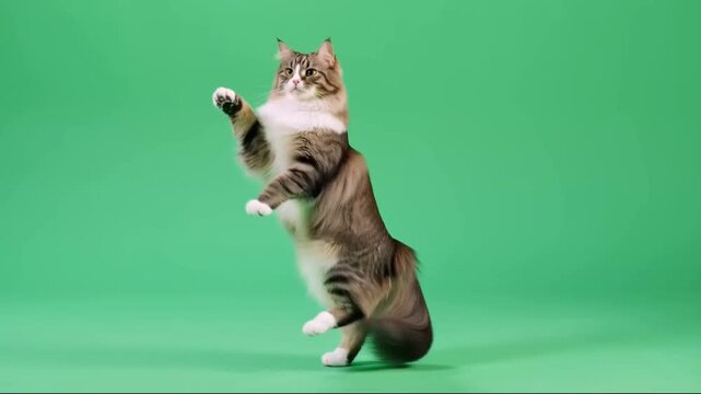 Funny fluffy dancing cat performing on green screen background