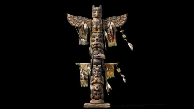 A detailed carved wooden Native American totem pole with outstretched wings and animal figures lit dramatically against a pitch-black backdrop. Suitable for indigenous culture documentaries, folklore 