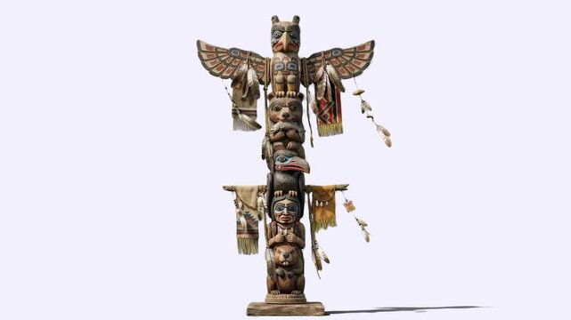 Detailed 3D model of a traditional Native American carved wooden totem pole featuring bird and spirit figures with feathers, isolated on a clean light background. Great for museum display guides, hist