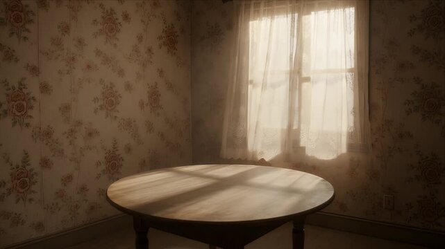 Vintage oval wooden table in rustic manor interior, sunlight through window and lace curtain, floral wallpaper and quiet mood, nostalgic vintage furniture stillness in serene dining room atmosphere