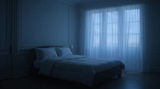 Minimal bedroom interior night blue light manor space curtain window soft tranquil atmosphere modern bed comfort relaxation sleep minimalist calm serene wall quiet soft pillow blanket cozy evening