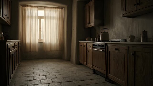 Rustic kitchen interior with morning light through curtain and window in quiet manor warmth over wooden cabinet stone floor and vintage stove ceramic kettle cozy calm country house atmosphere