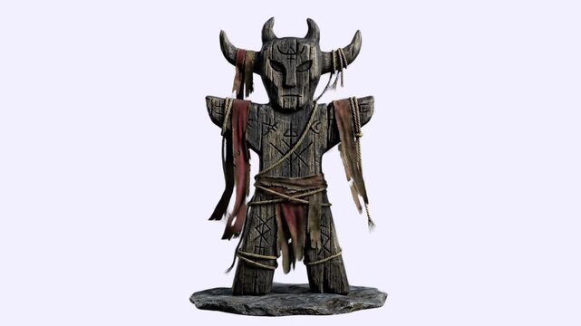 Detailed 3D model of a horned wooden idol statue adorned with ritual fabric and ropes, isolated on a clean light background with soft shadows. Ideal for fantasy game graphics, pagan ritual concepts, e
