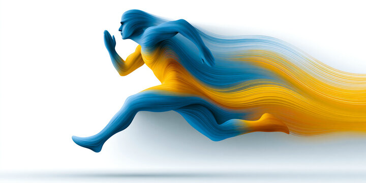 Abstract vector illustration of a runner mid stride rendered in flowing blue and yellow ribbon lines, dynamic motion trails streaming behind to represent active fitness and speed now.