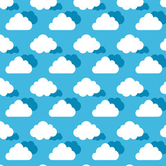 Fototapeta premium Simple seamless white cloud pattern with soft blue shadows on a sky blue background. Perfect for nursery wallpaper, baby bedding, children's fabric, wrapping paper, and decor.