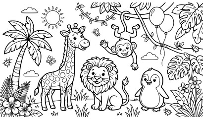 Fototapeta premium Cute Jungle Animal Outline Vector for Kids Coloring Book