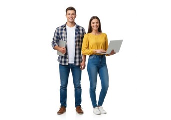 Fototapeta premium Young man and woman standing with laptops isolated on white background