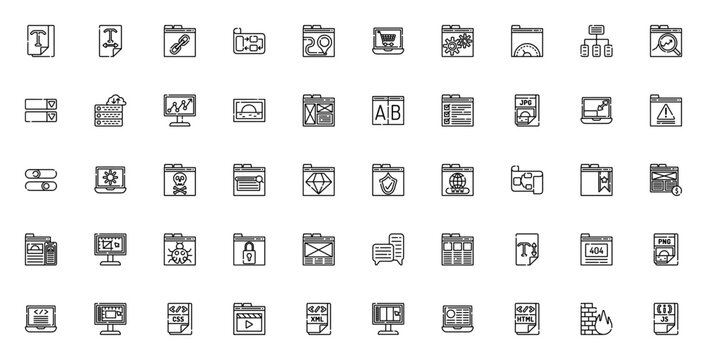 Web design icon pack. Minimalist thin line icons. Vector illustration. Related to file, text, link, browser, coding, design, server, security, settings and more.