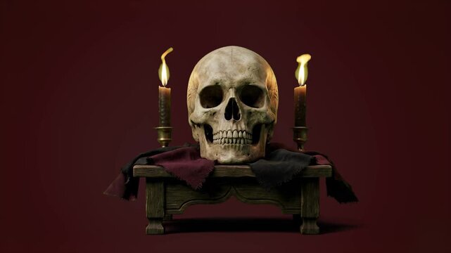Cinematic 3D render of a human skull on a wooden altar with flickering candles, isolated against a dark burgundy red background. Ideal for horror game intro videos, dramatic mystery scenes, gothic lor