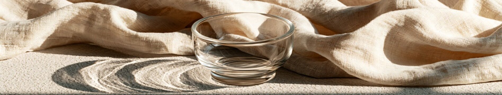 Clear glass bowl on textured stone surface with draped beige linen backdrop and warm sunlight shadows