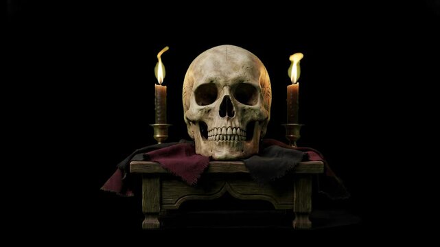 A realistic human skull sits on a dark wooden ritual altar flanked by two burning wax candles with flickering flames. This gothic occult asset is isolated on a solid black background.