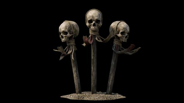 Three realistic human skulls mounted on wooden stakes or spikes, wrapped in ragged cloth, stand in the sand. This spooky gothic or pirate warning asset is isolated on a solid black background.