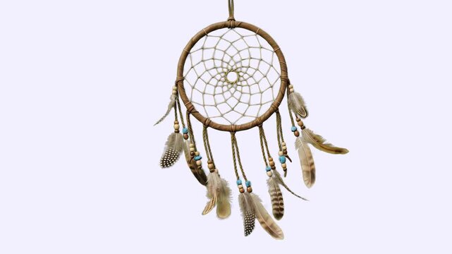 A traditional Native American dreamcatcher made of a hoop, woven web, beads, and hanging feathers sways gently against a clean white backdrop. This 3D animated asset is ideal for bohemian decor promos
