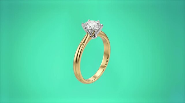 A sparkling diamond solitaire engagement ring with a gold band standing at an angle, set against a bright turquoise studio backdrop. Designed for luxury jewelry advertisements, wedding proposal videos