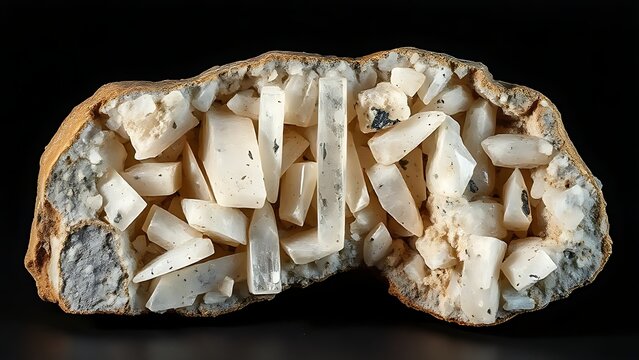 Split pegmatite rock specimen showing large interlocking crystals.