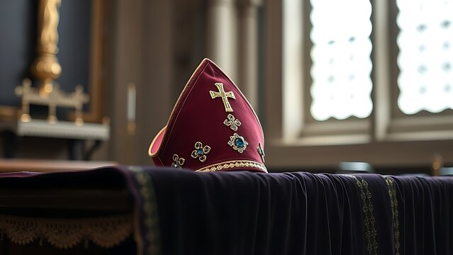 A bishop's ceremonial hat resting on dark velvet cloth, gemstones gleaming.