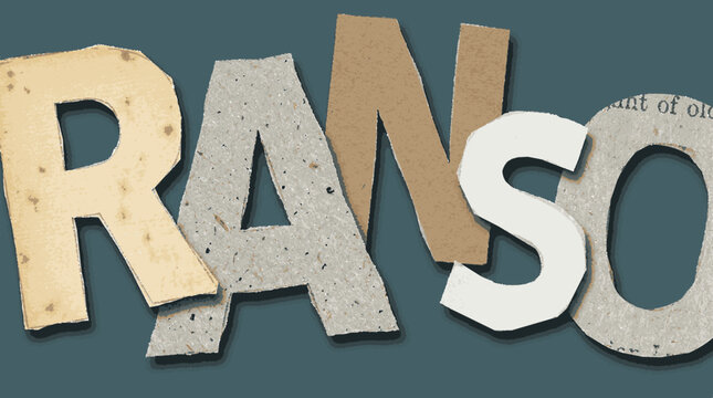 Collage style ransom note typography spelling out the word ransom created from various ripped paper textures with different textures colors
