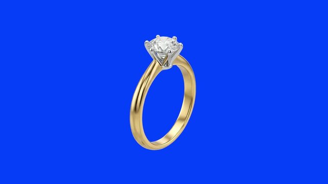 High-detail 3D render of a luxury classic gold engagement ring set with a sparkling solitaire diamond, isolated on a bright solid blue background. Ideal for wedding commercial promos, jewelry store ad