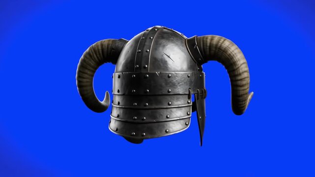 Detailed 3D model of a heavy iron Viking helmet with curved animal horns and rivet armor plates, isolated on a bright solid blue background. Perfect for medieval historical documentaries, fantasy RPG 