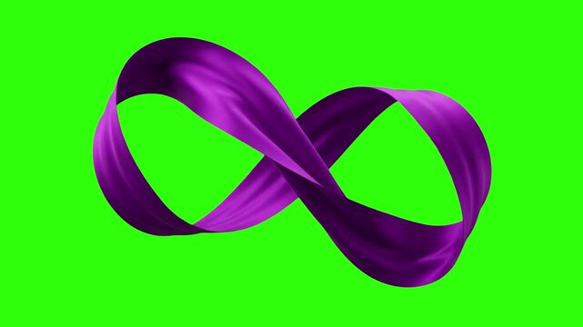 Vibrant 3D render of a smooth purple satin ribbon forming a seamless infinity sign, isolated against a solid green screen chroma key background. Perfect for creative promo videos, abstract graphic ove