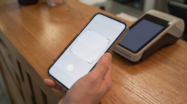Payment Terminal Outage concept. Mobile payment using smartphone and contactless card reader on wooden counter