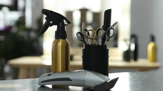 Hairdresser's tools on grey table in salon