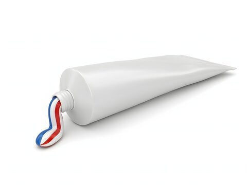White toothpaste tube with red and blue paste squeezed out for dental care and hygiene products, isolated on white background