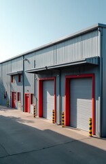 Fototapeta premium Industrial warehouse building features grey metal corrugated walls with red framed rolling shutter garage doors. Concrete exterior driveway area shows yellow bollards for safety. Modern storage