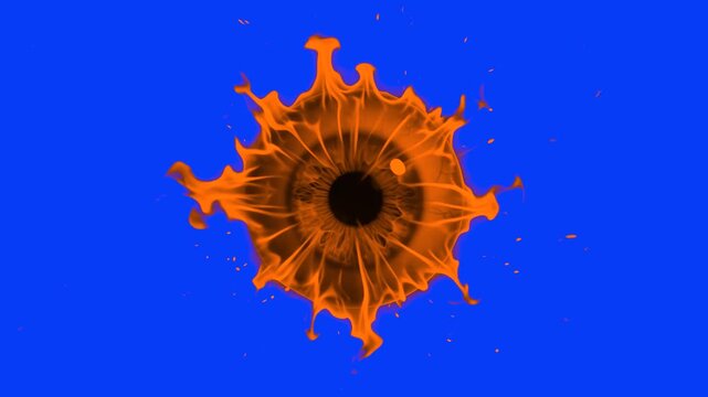 A realistic 3D animated fiery eye with a glowing red pupil burns and flares dynamically. This fantasy evil eye or monster eyeball asset is isolated on a chroma key blue screen.