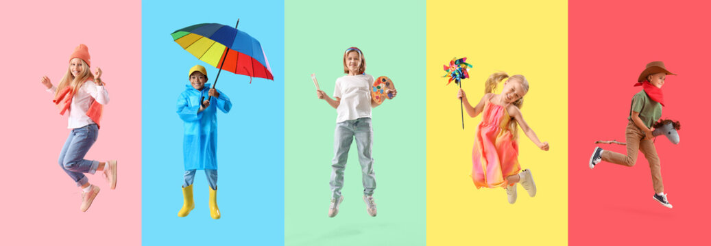 Five diverse children jumping with various props childhood joy creativity and imagination on colorful backgrounds, a girl in a beanie jumps on pink a boy in a raincoat holds a rainbow umbrella
