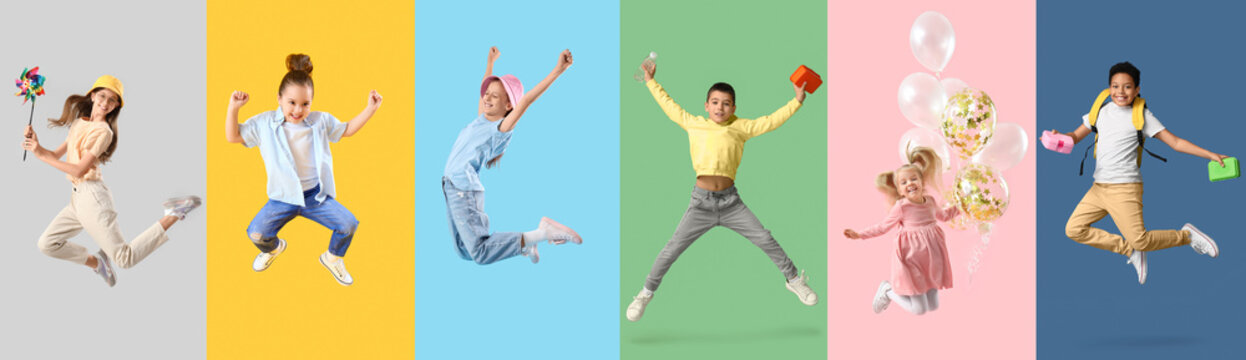 Happy diverse children jumping in air with various props, childhood joy and freedom concept, isolated on colorful backgrounds
