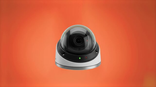 A modern ceiling dome CCTV security camera facing forward, set against a vibrant coral red studio backdrop. Designed for commercial security system promotions, home surveillance advertising, privacy p