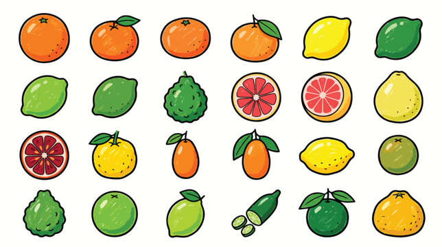 Crayon Style Citrus Collection Icon Set Illustration