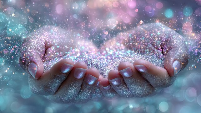 Cupped hands holding rainbow glitter sequins with bokeh light background, dreamy colorful pearlescent flakes for beauty poster party holiday creative design