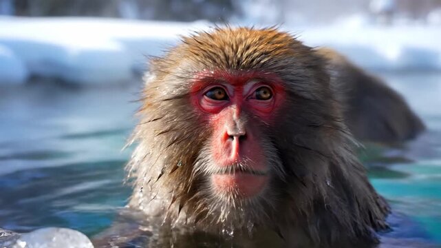 Japanese macaque looking at camera in hot spring