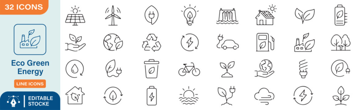 32 Eco Green Energy Vector Outline Icons Set &ndash; Renewable Energy, Sustainable Environment, Clean Power and Ecology Line Symbols Collection