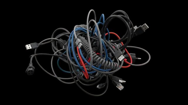 A chaotic, tangled heap of colorful computer cords, USB cables, and power wires rotates in a seamless loop. This IT hardware asset is isolated on a solid black background.