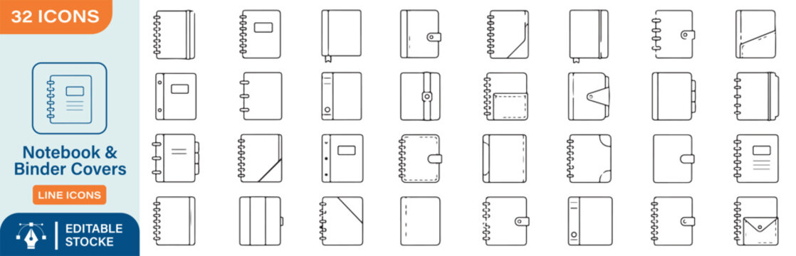 32 Notebook and Binder Covers Vector Outline Icons Set &ndash; Spiral Notebook, Journal, Planner, Office Stationery and Document Line Symbols Collection