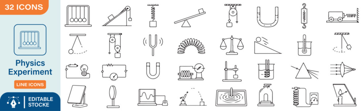 32 Physics Experiment Vector Outline Icons Set &ndash; Science Lab, Mechanics, Magnetism, Electricity and Educational Line Symbols Collection