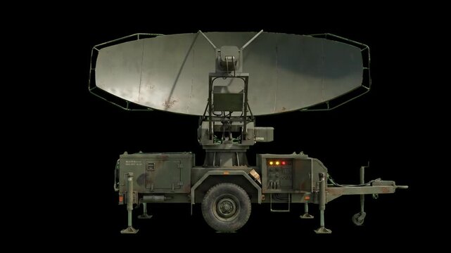 A detailed 3D animated mobile military radar dish on a trailer chassis rotates to scan the skies. This air defense surveillance asset is isolated on a solid black background.
