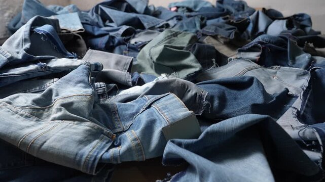 Heap of discarded denim clothing illustrating fast fashion waste and environmental impact of the textile industry. Sustainability and overconsumption